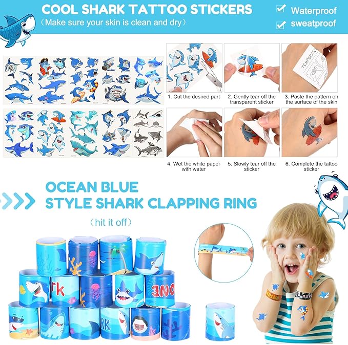 Qilery 195 Pcs Mermaid Party Unicorn Party Dinosaur Party Shark Party Favors Includes Plastic Cup with Lid Straw Keychain Bracelet Ring Stamper Stickers Tag For Party Favors Piñata Filling (Shark)