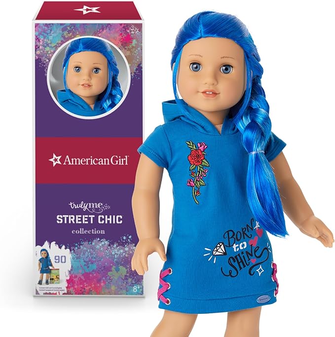 American Girl Truly Me 18-inch Doll #90 with Blue Eyes, Long Blue Hair, and Lt-to-Med Skin in Skater Dress, For Ages 6+