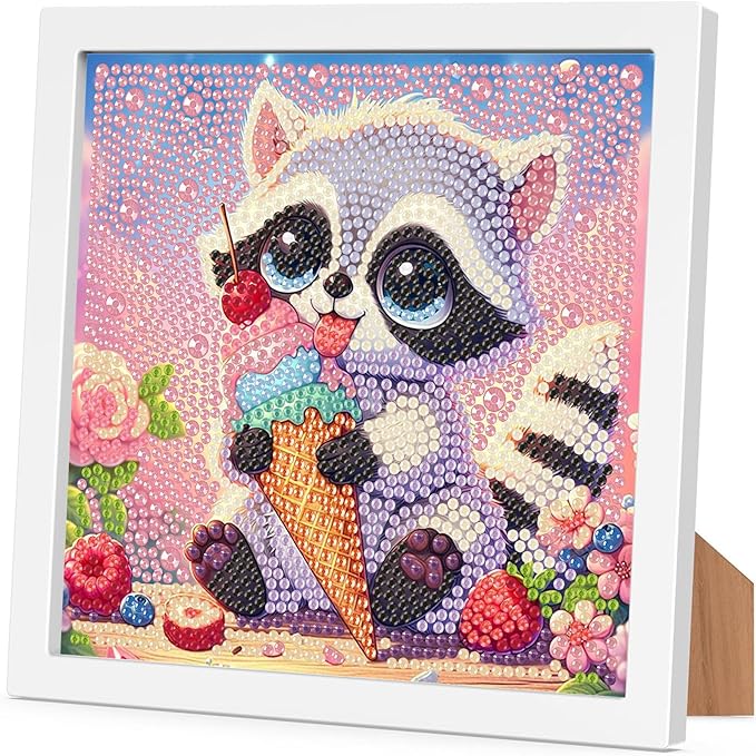 Raccoon Diamond Art Painting Kits with Frame- Animals Diamond Painting Kit with Frame, Cute DIY Diamond Art Kits as Wall Decoration 7X7 Inch