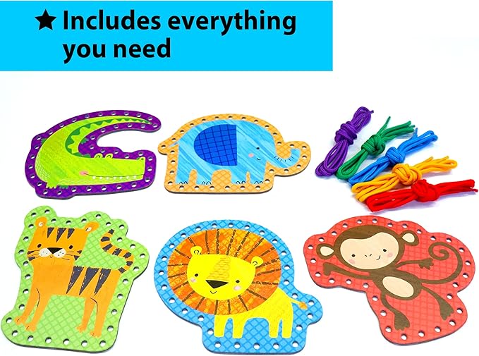 KRAFUN Beginner Preschool Lacing Card Kit for Kids Arts & Crafts, 5 Easy Safari and Animal Lacing Projects, Lacing Cards for Toddlers, Fine Motor Skills Training Toys
