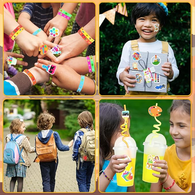 Tondiamo 278 Pcs Art Paint Party Favors Include Gift Cup Plastic Straw Color Pen Keychain Pendant Bracelet Ring Temporary Tattoo Party Blower Card Splatter Confetti for School Reward Birthday