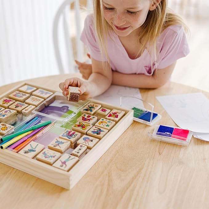 Melissa & Doug Deluxe Wooden Stamp and Coloring Set – Fairy Tale (30 Stamps, 6 Markers, 2 Durable 2-Color Pads) - Fairy Tale-Themed Stamps For Kids Activity Set