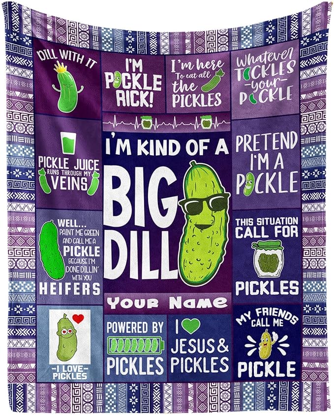 Custom Pickle Blanket with Name for Women Men, Personalized Cute Pickle Themed Design Printed Throw Blankets for Teens Adults Lap, Chair Sofa, Giftable Blanket, 50"x 60"
