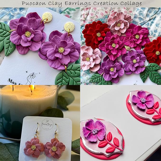 Puocaon Petal Polymer Clay Cutters - 12 Pcs Petal Clay Cutters for Polymer Clay Jewelry, 20 Pcs Flower Pistil Brass Charms 2 Petal Texture Clay Molds for Polymer Clay Jewelry, Flower Earrings Making