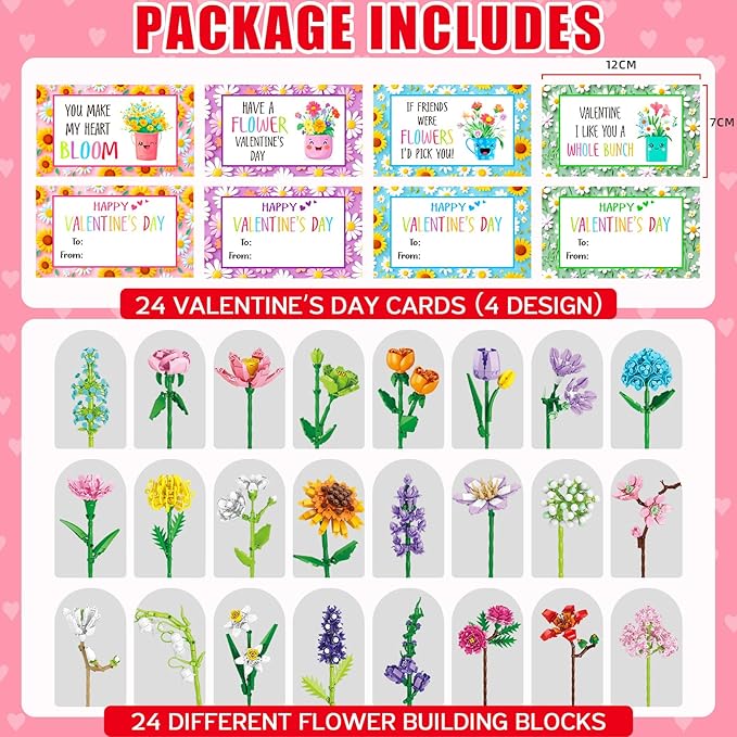 Valentines Day Gifts for Kids Teens, 24 Pack Sunflower Bouquet Building Blocks with Gift Cards for School Classroom, Bulk Boy Girl Kid Valentine Party Favors Exchange Goodie Bag Gifts Stuffers
