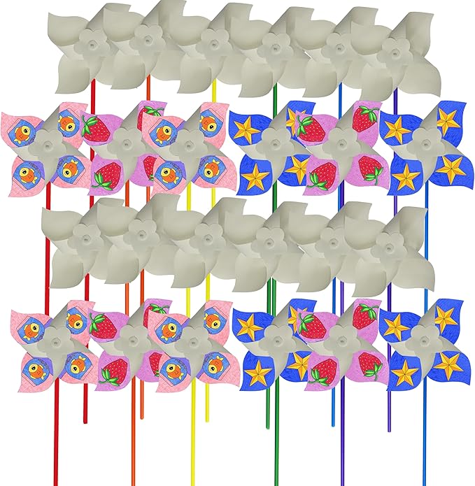 4E's Novelty DIY Pinwheels Craft for Kids (24 Pack) Color Your Own White Pinwheels, Bulk Summer Craft Kit for Boys & Girls, Arts and Craft Party Activity, Patriotic 4th of July Crafts