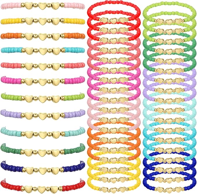 Cunno 36 Pcs Kids Friendship Bracelets for Girls Letter Heart Beads Bracelets Stretchy Cute Bracelet Pretend Play Beaded Bracelets Inspirational Bracelets for Kids (Heart Style)