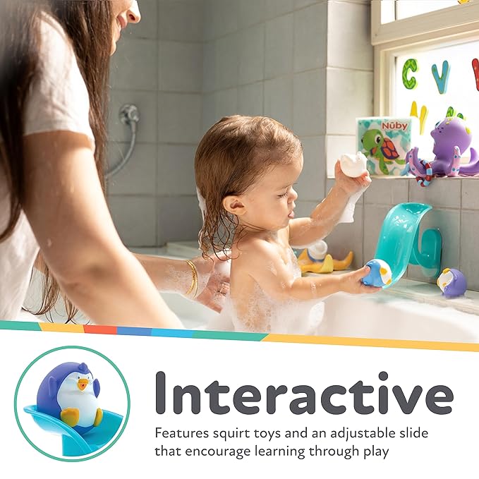 Nuby Penguin Slide Bath Toy Play Set with 4 Bath Squirters - Baby Bath Toys for Boys and Girls 12+ Months - Suction Cup Toy Attaches to Shower Wall