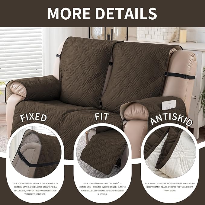 Easehomey Waterproof Loveseat Recliner Cover,Non Slip Reclining Couch Covers for 2 Seat,Dog Chair Cover Furniture Protector Washable Chair Cover with Pocket for Kids,Pets,Dogs(Coffee,2Seat)