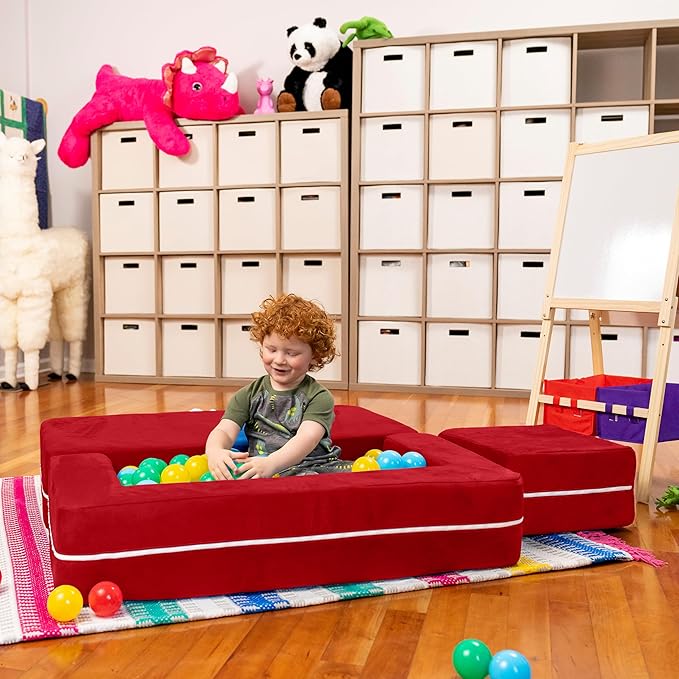 Jaxx Zipline Kids Modular Loveseat & Ottomans/Fold Out Lounger, Cherry