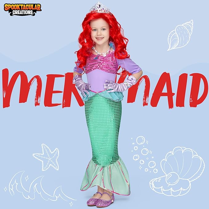 Spooktacular Creations Halloween Little Mermaid Costume for Girls, Sequin Mermaid Dress Set, Light Purple Princess Dress for Toddler Dress-Up, Cosplay Party (X-Large (12-14 YRS))