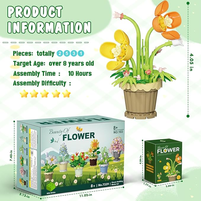 POKONBOY 12 Pack Flower Botanical Bonsai Building Set, Micro Mini Blocks Artificial Flowers DIY Plant Model for Adults, Botanical Collection Home Décor Christmas Birthday Gift (2531 Pcs)