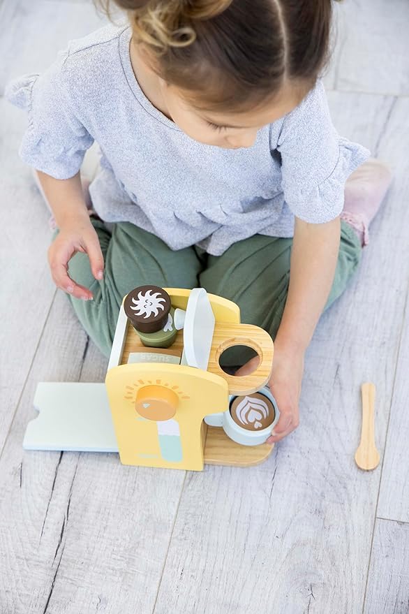Pearhead Barista in Training Montessori Toy Coffee Maker, Wooden Pretend Play Toy Set for Developmental Learning, Play Kitchen Set for Toddlers Ages 3+ Years, 9 Piece Wooden Play Toy Set