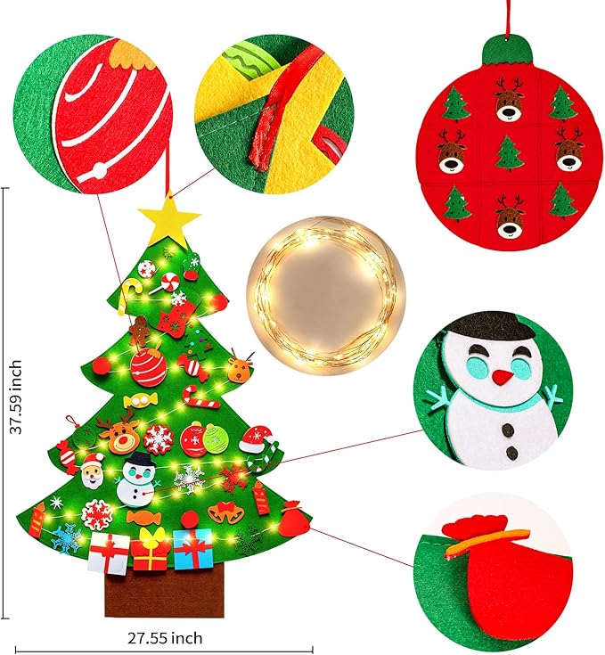 Max Fun DIY Felt Christmas Tree Set Plus Tic-Tac-Toe Games for Kids Toddlers Wall Hanging Decorations Felt Craft Kits for Xmas Party Favors