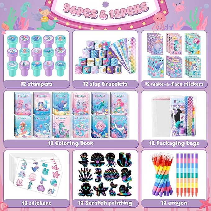 BenLouis 96Pcs Mermaid Party Favors Little Mermaid Coloring Books Crayon Stickers Set Bulk for Kids Mermaid Birthday Decor Baby Shower Candy Goodie Bag Stuffer Classroom Rewards Pinata Supplies