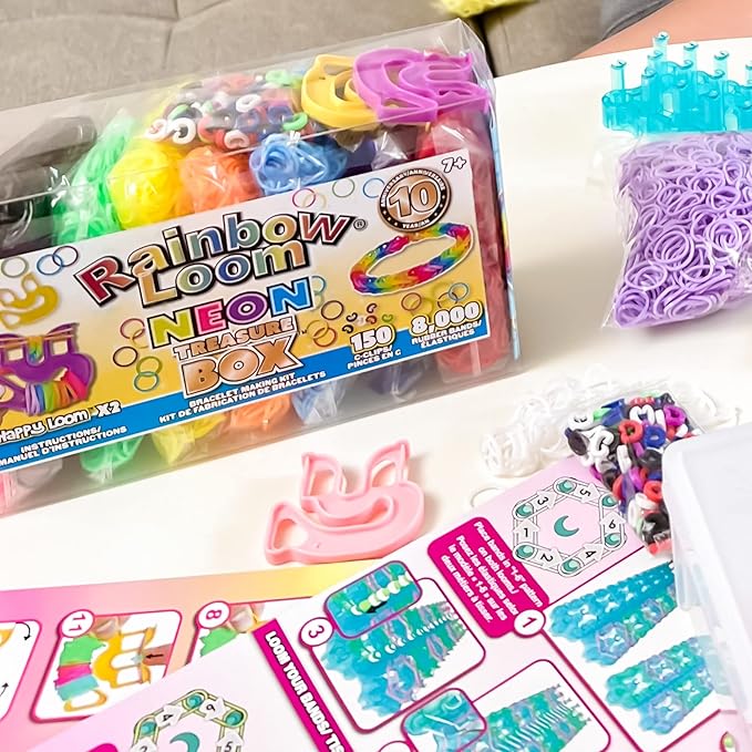 Rainbow Loom® Treasure Box NEON Edition, 8,000 Rubber Bands in 8 Different Neon Colors, and a Bonus of 2 Happy Looms, Great Activities for Boys and Girls 7+