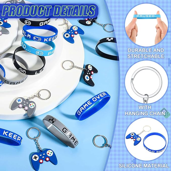 Shappy 36 Pieces Includes Video Game Bracelets Wristbands Gaming Party Bags with Drawstring Game Controller Keychains for Video Game Birthday Party Favors Supplies