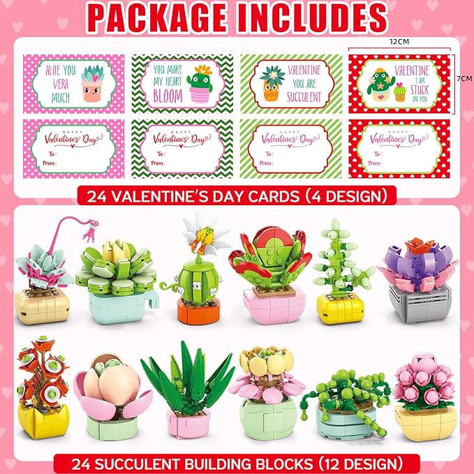 Valentines Day Gifts for Kids 6-12, 24 Pack Succulents Plants Building Blocks with Gift Cards for School Classroom, Bulk Boy Girl Class Valentine Party Favors Exchange Gift Goodie Bag Stuffers