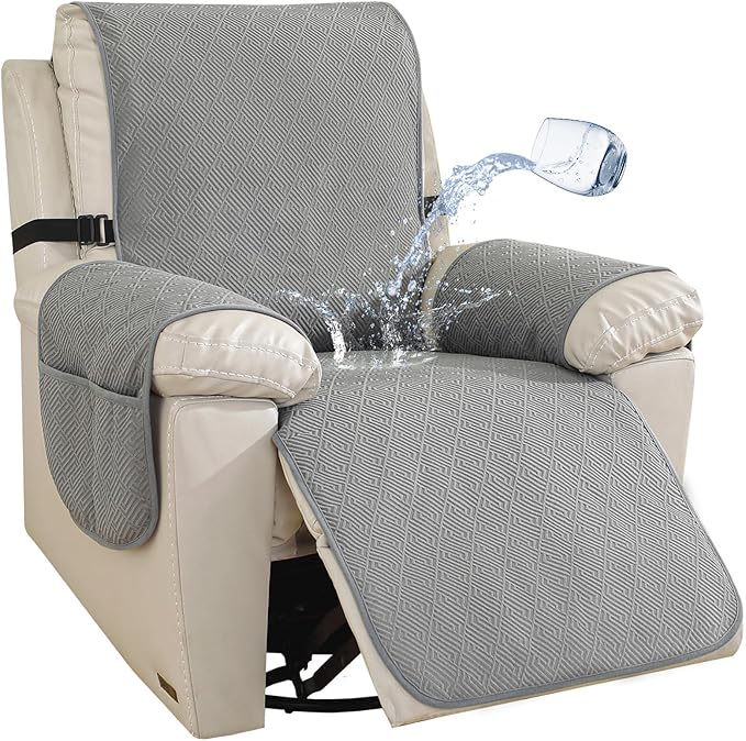 Easehomey 100% Waterproof Recliner Chair Covers, Non-Slip Recliner Covers That Stay in Place with Two Pocket Elastic Straps Washable Large Reclining Chair Cover Furniture Protector (Light Grey, 28")