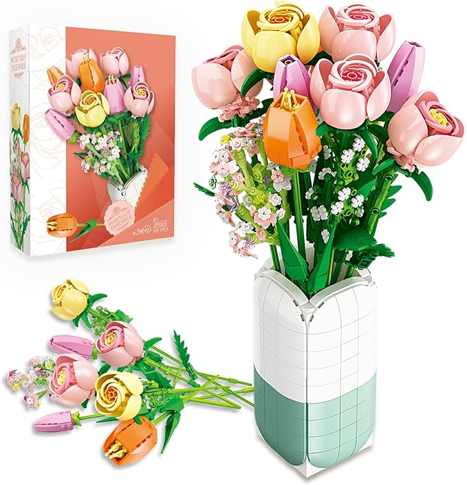 Flowers Bouquet Building Set Tulips Camellia with Vase for Adult -1011pcs Compatible with Lego