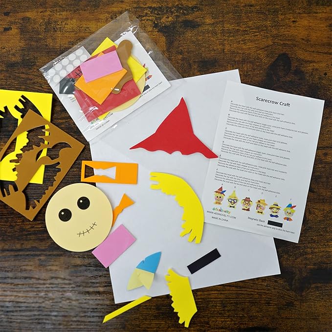 4E's Novelty Scarecrow Fall Crafts for Kids (12 Pack) Foam Self Adhesive, Crafts for Kids Bulk with Magnet, Halloween, Thanksgiving DIY Party Favors Activity for Ages 3-12
