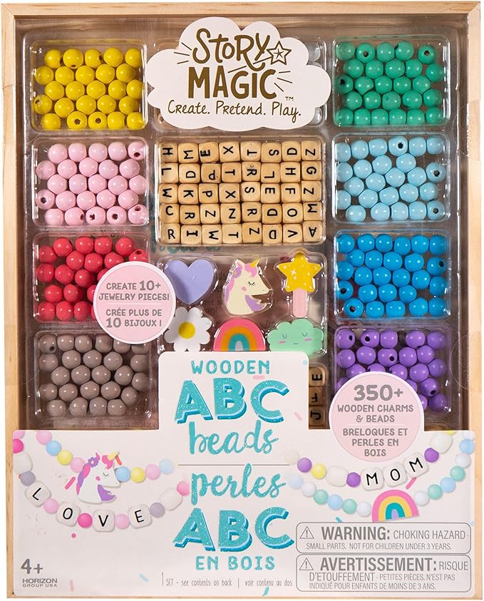 Story Magic Wooden ABC Beads by Horizon Group USA, Premium Wood Jewelry Making Kit, Makes 10+ Pieces of Jewelry, Over 350 Wooden Beads & Charms