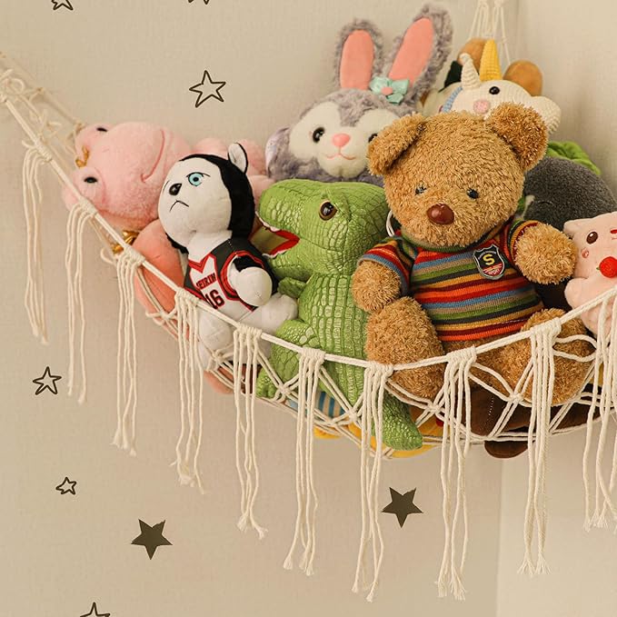 Boho Stuffed Animals Net or Hammock Large,55 inch Toy Hammock Macrame Stuff Animal Storage Corner Hanging Net Holder,Mesh Hammock Plush Toy Organizer with Hooks for Bedroom,Nursery (White)