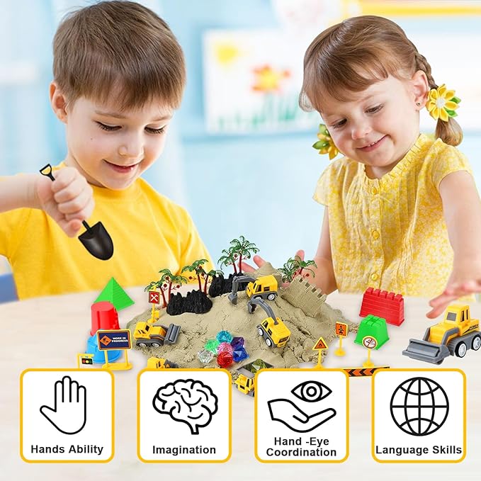 Eaistose Play Construction Sand Sets, Sensory Bin Toy with 1.65lbs Magic Sand, 5 Construction Vehicles,9 Road Signs and 8 Molds, 2 Tools,Sand Box Toys for 3 4 5 6 7 8 Years Old Boys Kids…