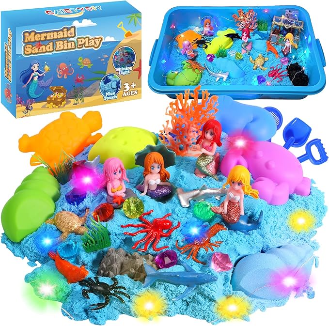 Mermaid Sensory Bin for Girl, Magic Sand Art Kit with LED Light, 2.2lbs Sensory Sand, Ocean Sea Animals, Sand Box with lid, Mermaid Toy Christmas Birthday Gift for Girls Ages 3 4 5 6 7 8…