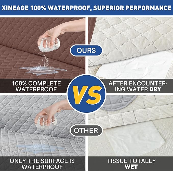 XINEAGE Quilted Chair Sofa Cover Waterproof Chair Covers for Armchair, Super Soft Washable Slipcover with Pockets & Non-Slip Elastic Straps, Thick Furniture Protector (Chair, Coffee)