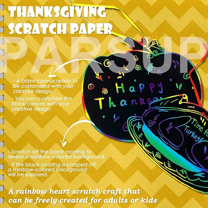 60PCS Thanksgiving Rainbow Scratch Art, Fall Paper Crafts for Kids, Thanksgiving Day Pumpkin Maple Turkey Hanging Ornament Decorations, Art Craft Supplies for Home Tree Classroom Decor