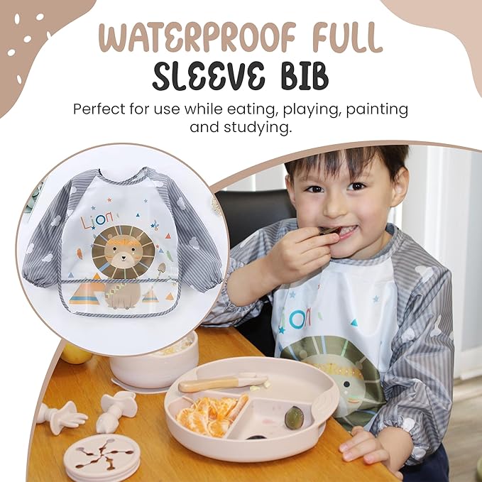 Silicone Baby Feeding Set, Eating Utensils with Suction Plate and Bowl, Baby Led Weaning Supplies, Toddler Self Feeding Dish Set with Waterproof Full Sleeve Bib, Spoon, 10pcs (Beige)