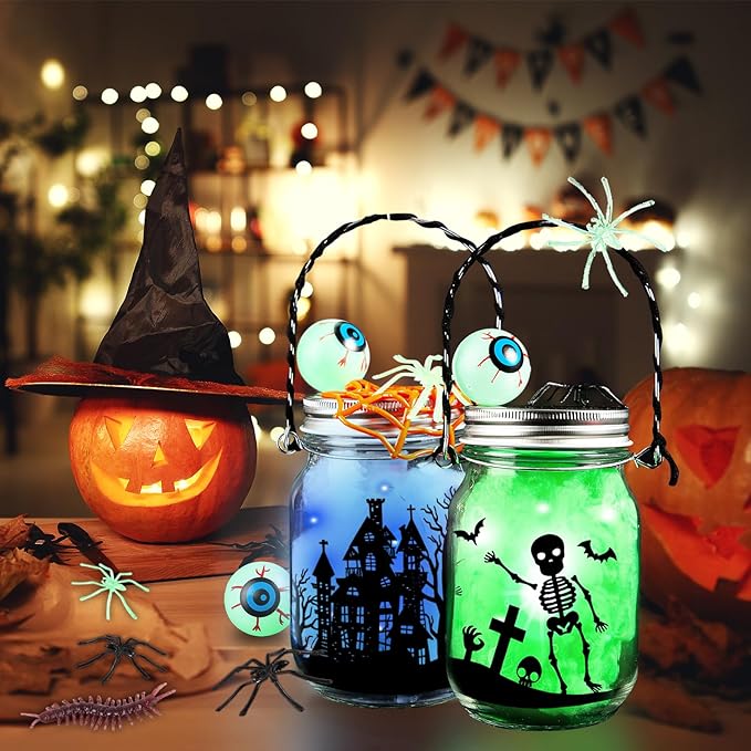 Halloween Craft Kit for Kids, 4 pcs Glass Mason Jar with Accessories for DIY Lantern Jar, Halloween Art & Craft Party Supplies, Halloween Art Activities,Halloween Craft and Art Party Supplies