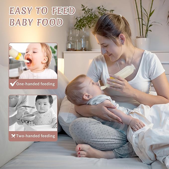 Baby Food Feeder Silicone Baby Food Dispensing Spoon-WAJIAYON, 3 oz Squeeze Feeding Spoons with Suction Cup for Boys Girl Kids Toddlers - Self Feeding Bottle Spoon - Blue