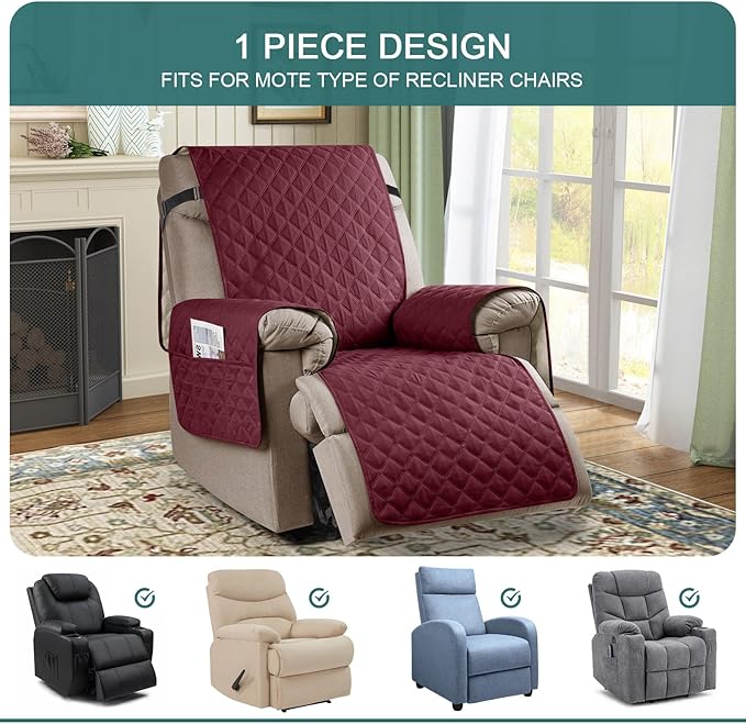 Ruaozz 100% Waterproof Recliner Chair Cover Non-Slip Oversized Reclining Cover for Large Recliner Chair Washable Chair Seat Cover with Elastic Straps for Kids, Dogs, Pets (Wine, 28'')
