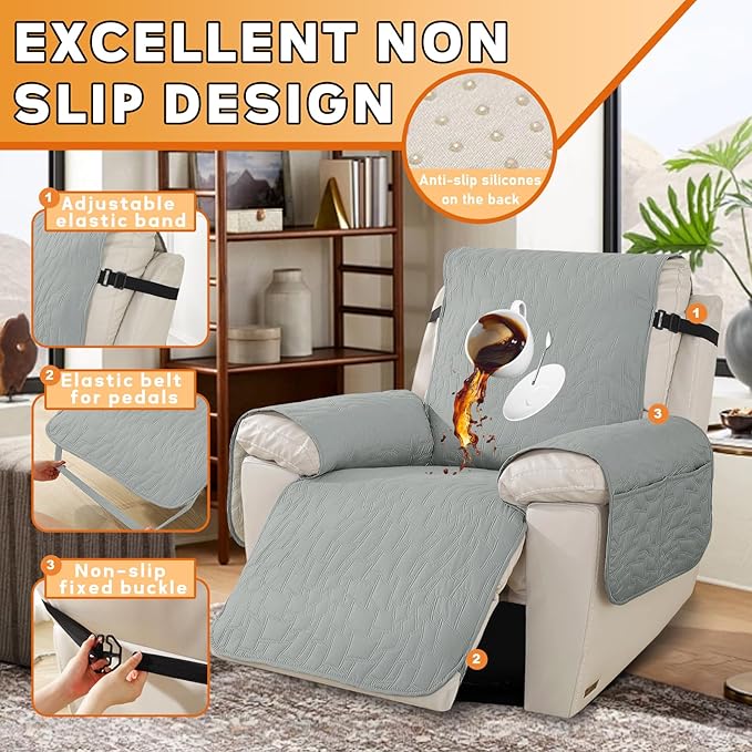 XINEAGE 100% Waterproof Recliner Chair Covers with Elastic Straps, Nonslip Reclining Couch Covers Washable Recliner Couch Cover with Pockets Furniture Protector for Pets Dogs (Light Gray, 30")