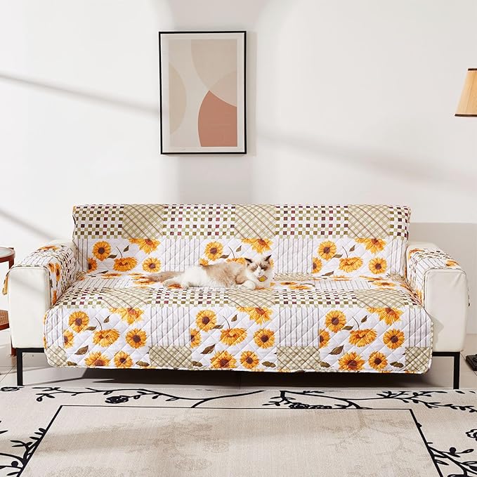 EVENHUG Sofa Cover for 3 Cushion Couch Patchwork Floral Sofa Slipcover Washable 3 seat Couch Cover Furniture Protector Cover with Elastic Straps for Pets Kids Dog Cat (Sofa,Yellow)