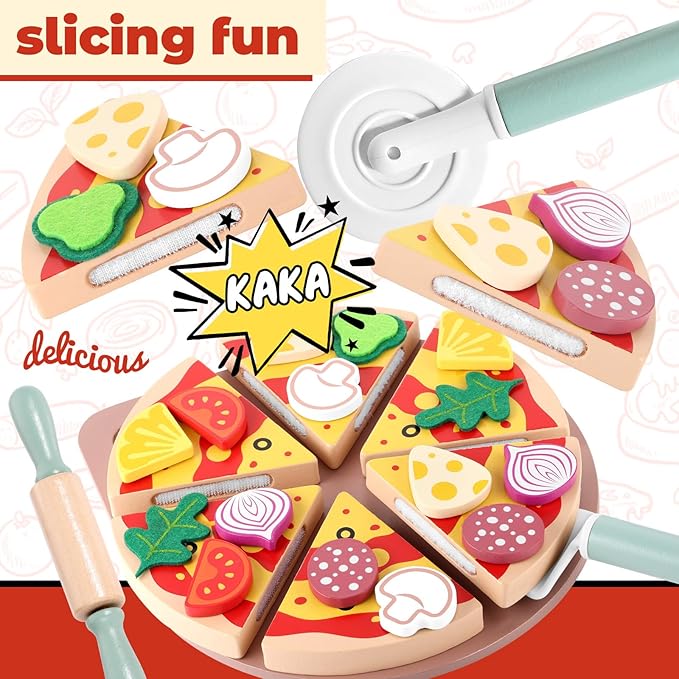 GAGAKU Wooden Pizza Toys for Kids 27Pcs Wood Cooking Toys Cutting Play Food Set for Toddlers Pretend Play Kitchen Accessories Toys for Toddlers Aged 3-8, for Boys and Girls