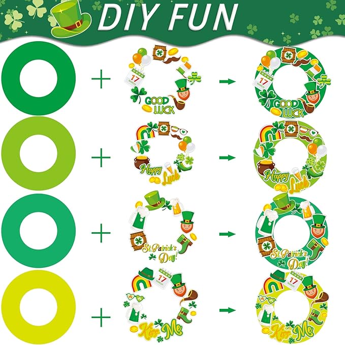 chiazllta 24 Pcs St. Patrick's Day Craft for Kids St. Patrick DIY Wreath Ornaments Sign Kits Irish Lucky Shamrock Leprechauns Stickers for Preschool Kindergarten Classroom Home Game Activities