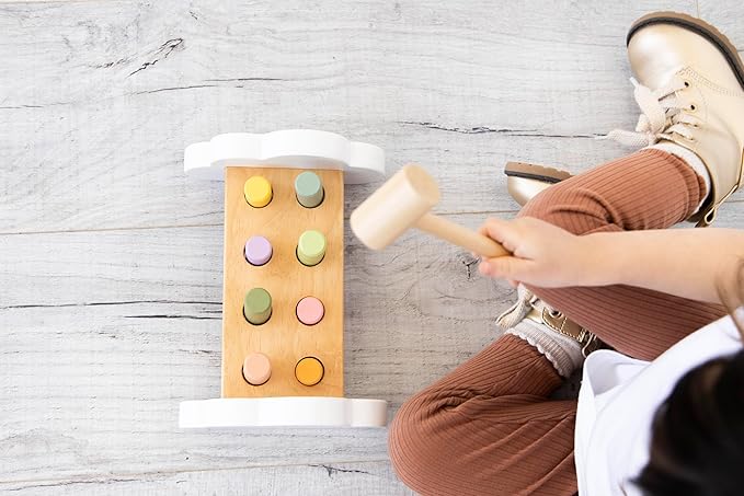 Pearhead Montessori Hammer Bench Toy, Pounding and Hammering Wooden Toy, Early Developmental Interactive Toddler Toy for Ages 1+ Years