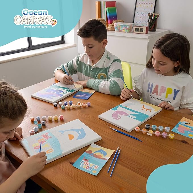 BONNYCO Paint by Numbers Kit for Kids Sea Animals Pack 3 Canvas Paint by Number Canvas, Ocean Gifts for Kids, Arts and Crafts, Kids Paint by Number, Kits Pre Drawn Canvas for Painting for Kids
