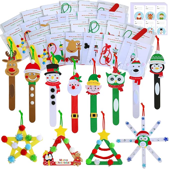 Winlyn 24 Sets Christmas Craft Kits Popsicle Stick Christmas Ornaments Winter Crafts DIY Craft Stick Santa Snowman Elf Reindeer Ornaments Art Sets for Kids Holiday Classroom Activities Party Favors