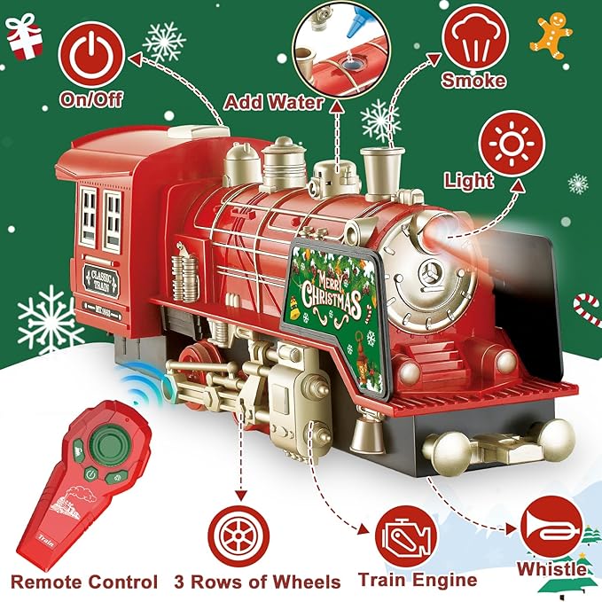 Christmas Train Set - Updated Remote Control Christmas Train Toys w/Smoke, Sounds, Lights, Rechargeable Electric Train for Around Christmas Tree, Train Toys Gifts for 3 4 5 6 7 8+