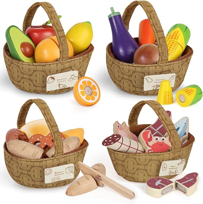Lehoo Castle Wooden Play Food for Toddlers, Pretend Play Kitchen Accessories, 4 Food Groups, Montessori Sorting Toys for Toddlers 3-5, Cutting Fruits Toys for Boys Girls Kids Ages 4-8