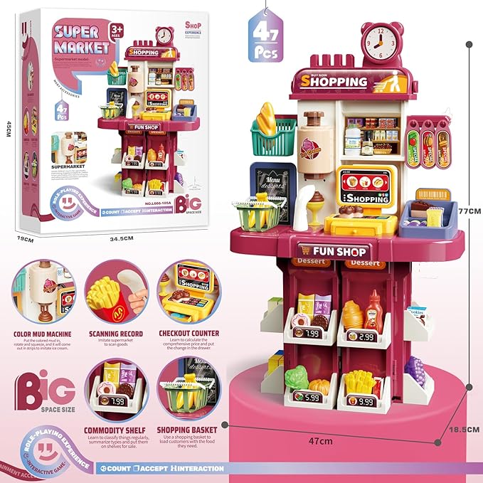 Shopping Supermarket Playset - Kids Grocery Store Pretend Play Toy for Ages 3-8 Girls Boys Unisex Children, Toy Cash Register with Scanner - Role-Playing Toys Fun (Shopping Pink)