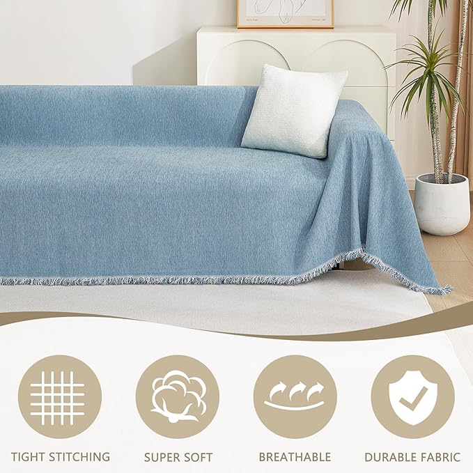MYSKY HOME Blue Sectional Couch Covers Chenille Sofa Covers for 3 Cushion Couch Universal Easy Fitted Sofa Cover Durable Furniture Protector with White Tassel Edge for Kids Dogs Pets, 71" X102"