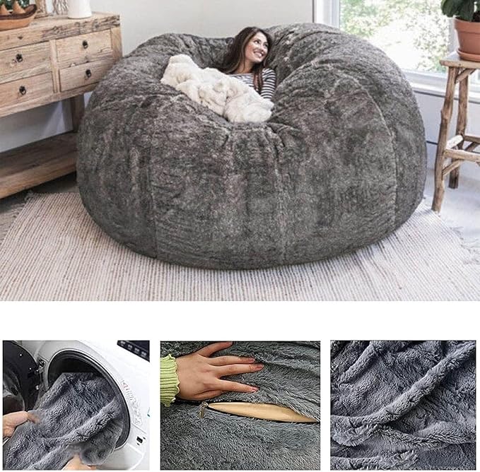 DELADOLA Bean Bag Cover(NO Filler,Cover ONLY) Big Bean Bag Storage Chair Bean Bag Sofa Chair Soft Fluffy Fur Portable Living Room Sofa Bed Cover (Peacock Blue, 6FT)