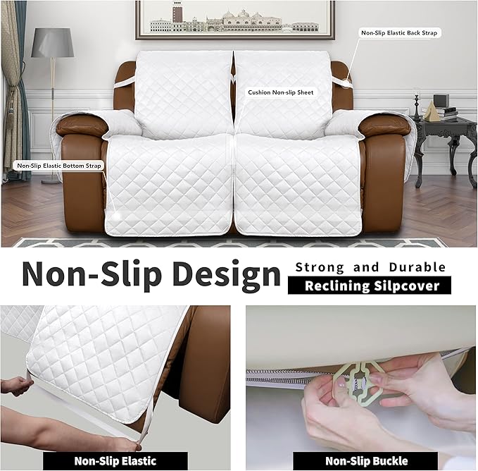 Easy-Going Oversized Loveseat Recliner Cover, Reversible Couch Cover for Double Recliner, Split Sofa Cover for Each Seat with Elastic Straps for Kids, Dogs, Pets(Oversized 2 Seater, White/White)