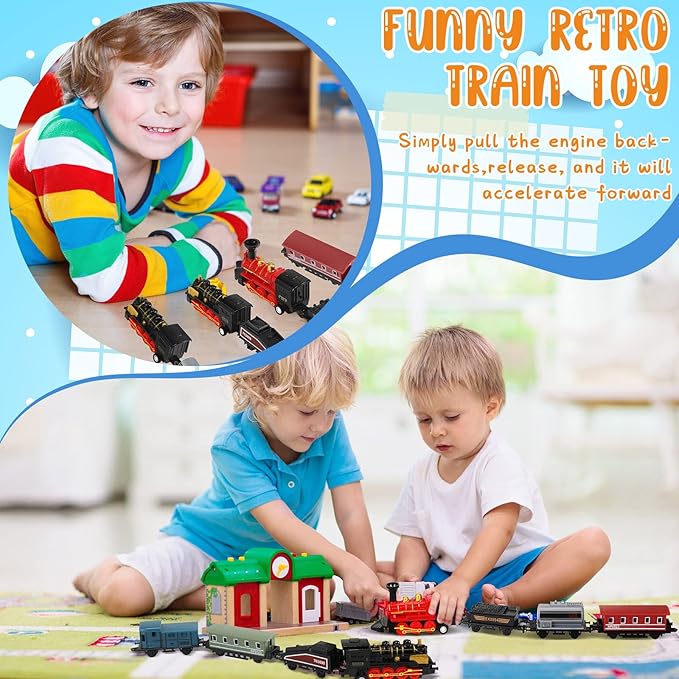 Hanaive 3 Sets Train Toys Mini Simulation Steam Toys Small Retro Steam Train Model Pull Back Set Diecast Locomotive Model Set for Boys and Girls Gifts Birthday Party Favor School Reward Gifts