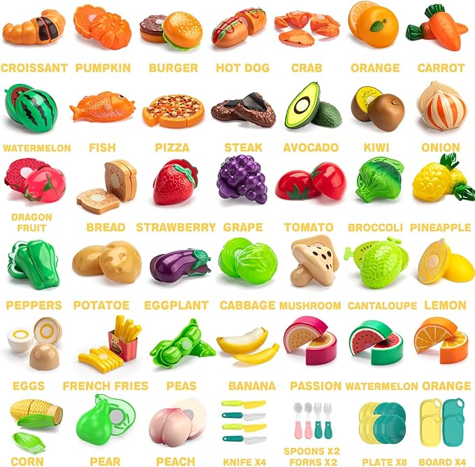 Cutting Play Food Toy For Multiple Kids with 2 Colors Storage Baskets(Purple&blue), 115 pcs Fake Food/Fruit/Vegetable for Toddler Pretend Kitchen Accessories, Boy Girl Classroom Learning/Birthday Gift